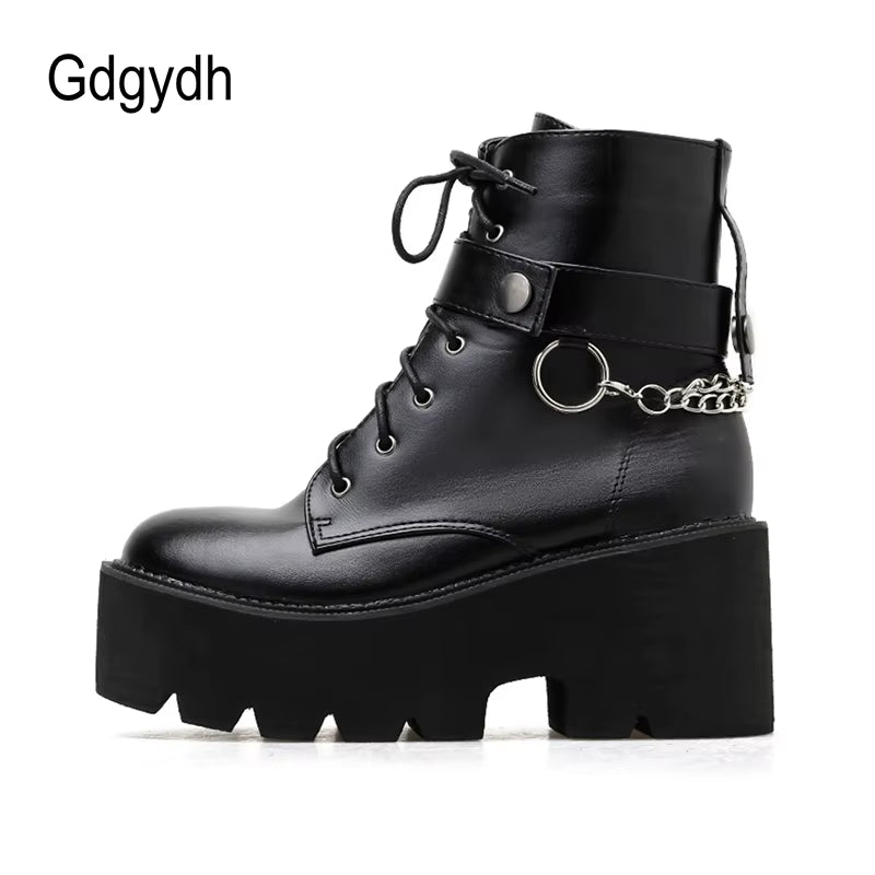 New Sexy Chain Women Leather Autumn Boots Block Heel Gothic Black Punk Style Platform Shoes Female Footwear High Quality
