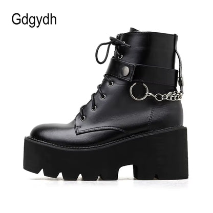 New Sexy Chain Women Leather Autumn Boots Block Heel Gothic Black Punk Style Platform Shoes Female Footwear High Quality