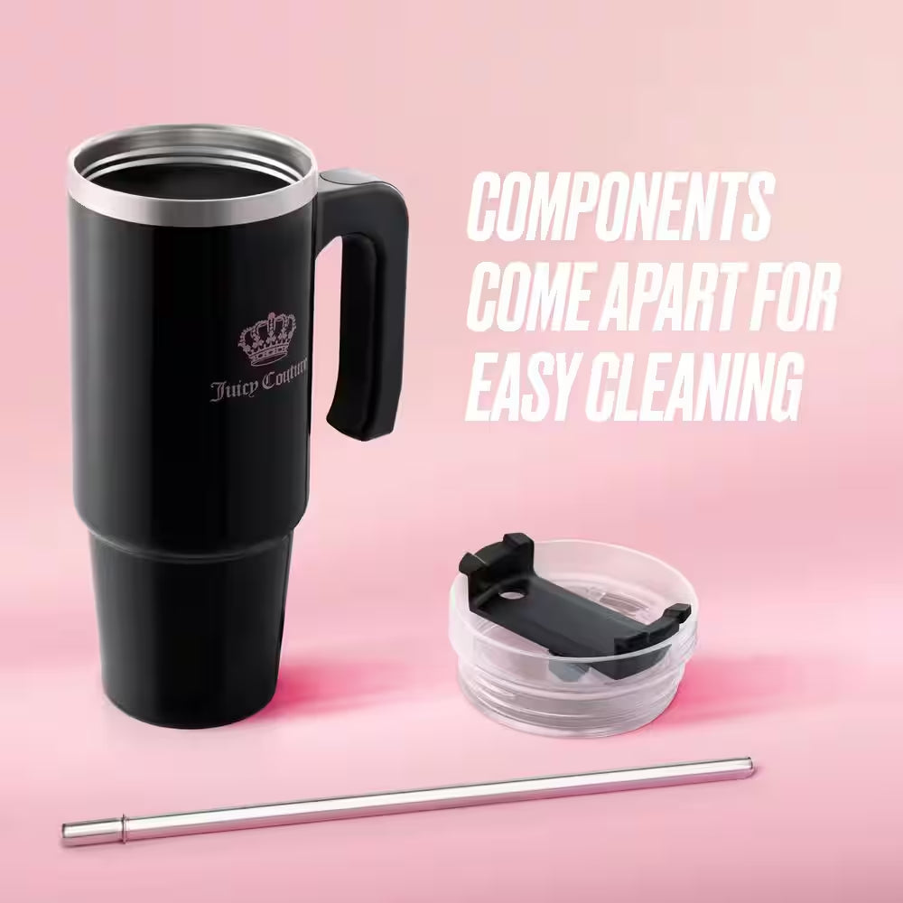 Juicy Travel Style 31.5 Oz. Jet Black Stainless Steel with Slide Lid and Straw Travel Mug