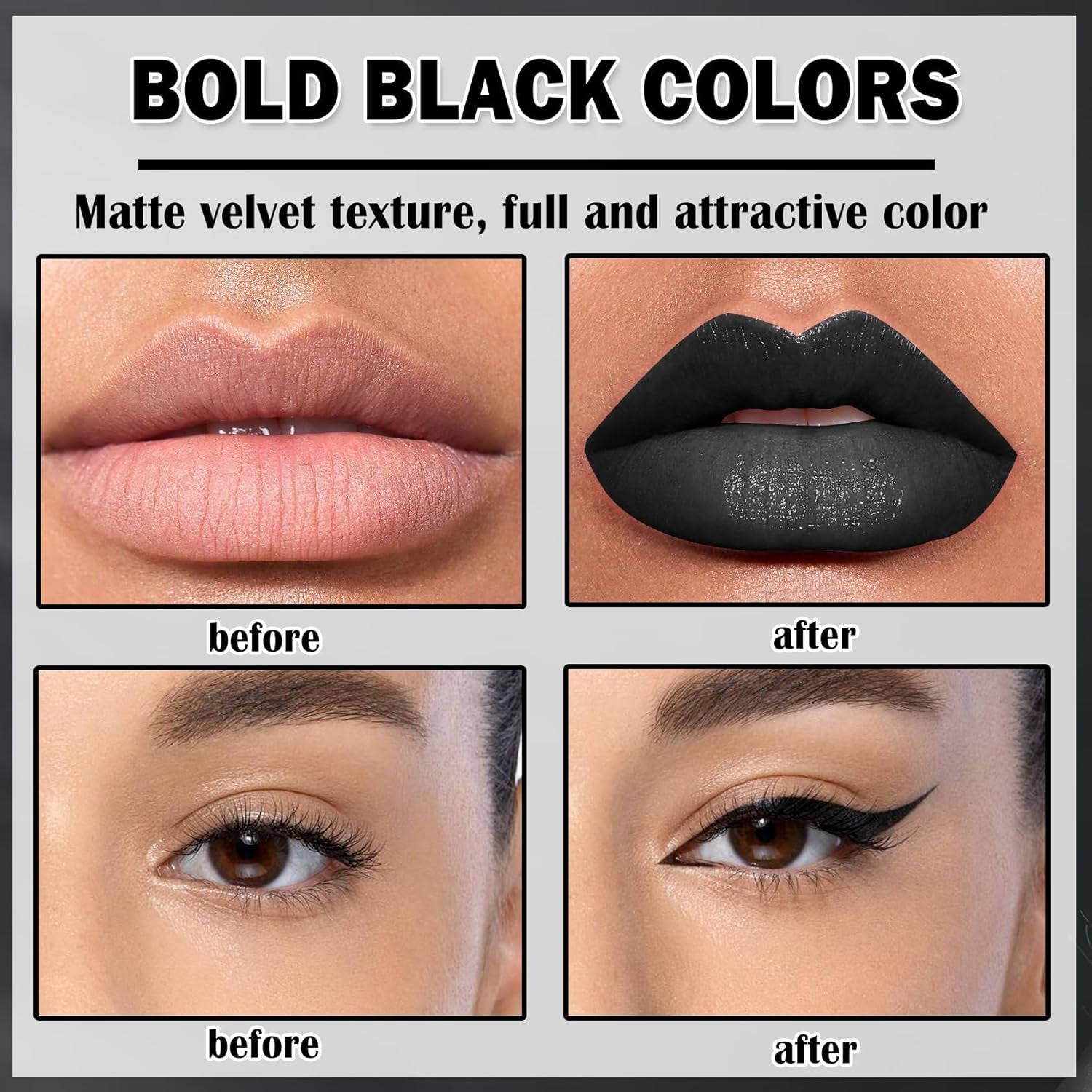 Lip Color Set with Matte Black Lipstick, Lip Liner, Lip Gloss, and Lip Stain for Goth, Cosplay, Halloween Makeup