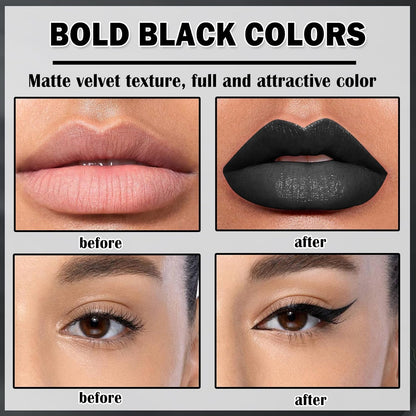 Lip Color Set with Matte Black Lipstick, Lip Liner, Lip Gloss, and Lip Stain for Goth, Cosplay, Halloween Makeup