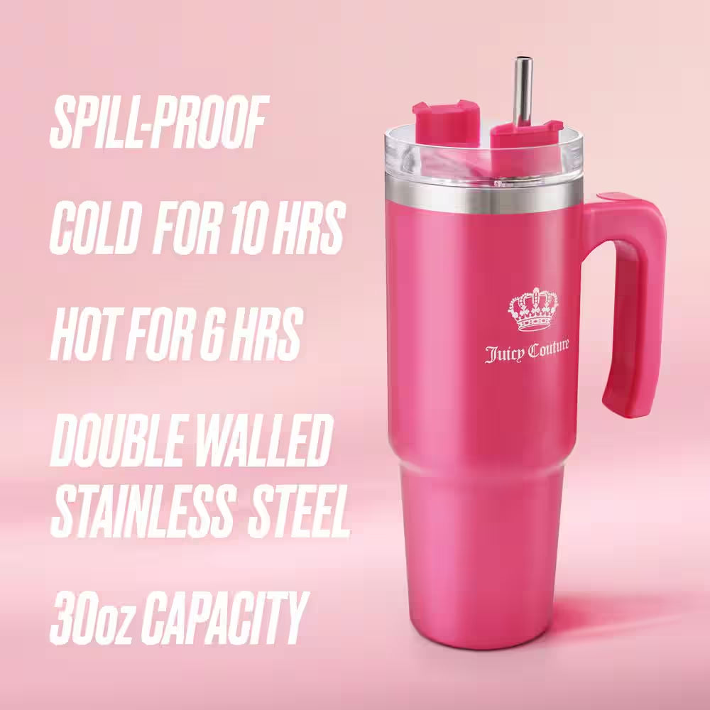 Juicy Travel Style 31.5 Oz. Hot Pink Stainless Steel with Slide Lid & Straw Travel Mug