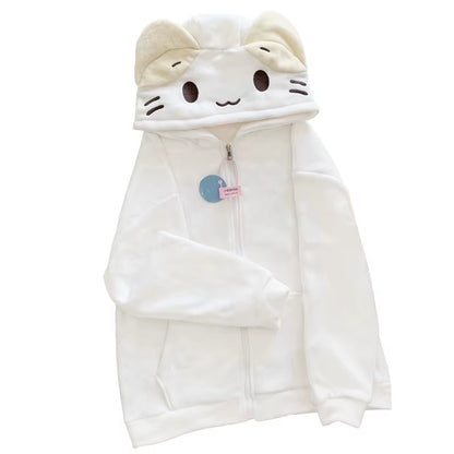 Masyumaro Fluffy Fuwa Nyanko Cat Zip up Hoodies Fleece Outerwears Tops Anime Cute Kawaii Winter Cloth Teen Girl Women Clothing