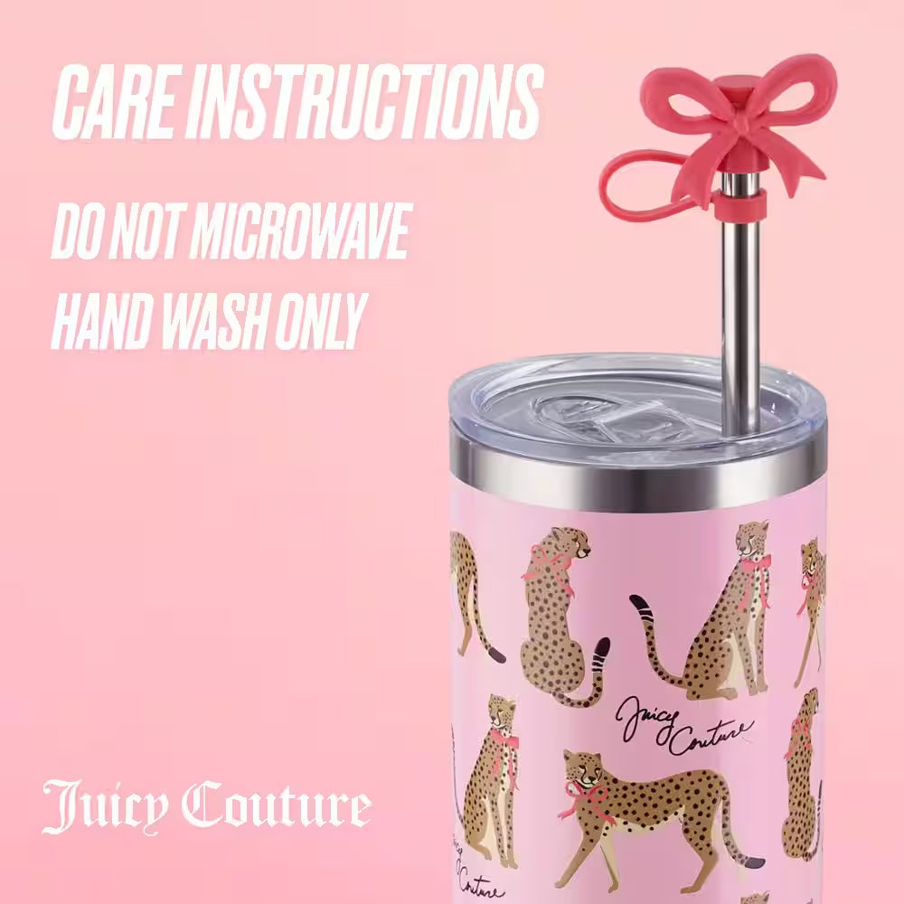 Glam Sip 24 Oz. Pink Cheetahs Stainless Steel Tumbler with Straw Topper