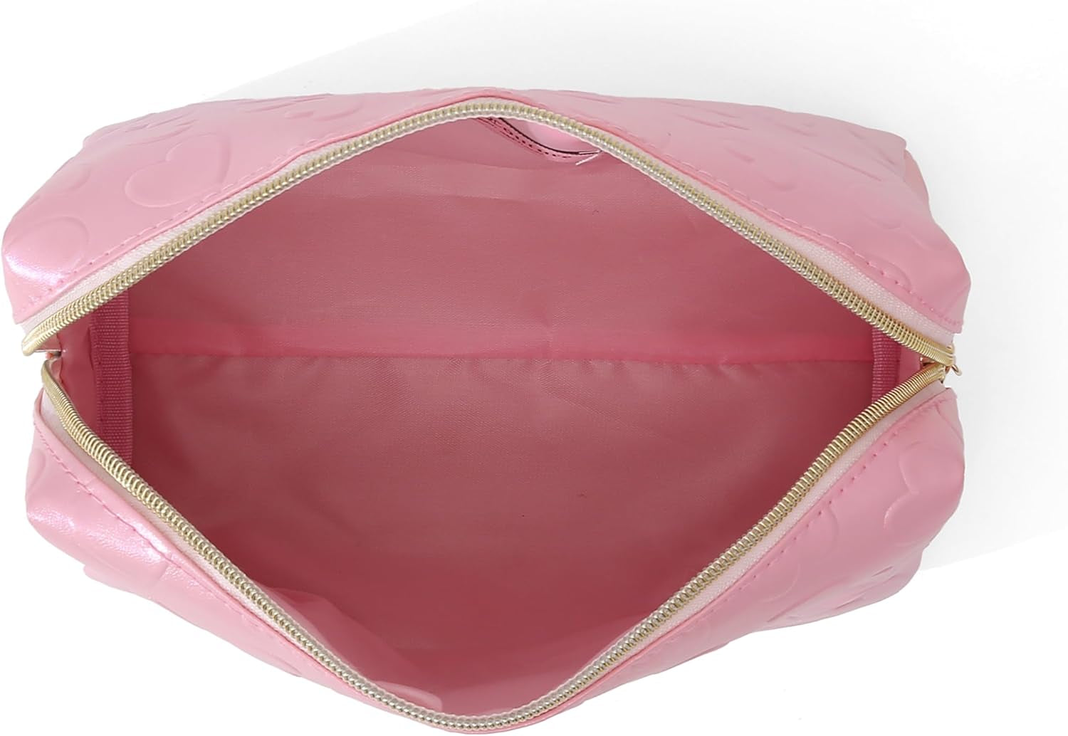 Pink Makeup Bag Cosmetics Organizer Travel Essentials Zip Top Wedge Faux Leather Heart