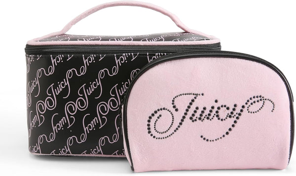 Black Pink Makeup Bag Cosmetics Organizer Travel Essentials Train Case Coin Purse Cursive Logo Rhinestone Velour