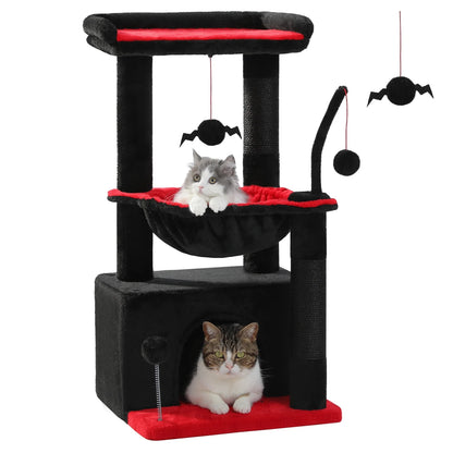 Cat Tree 33" Gothic Cat Scratching Posts Tower with Large Top Perch and Hammock for Medium Indoor Cats, Black