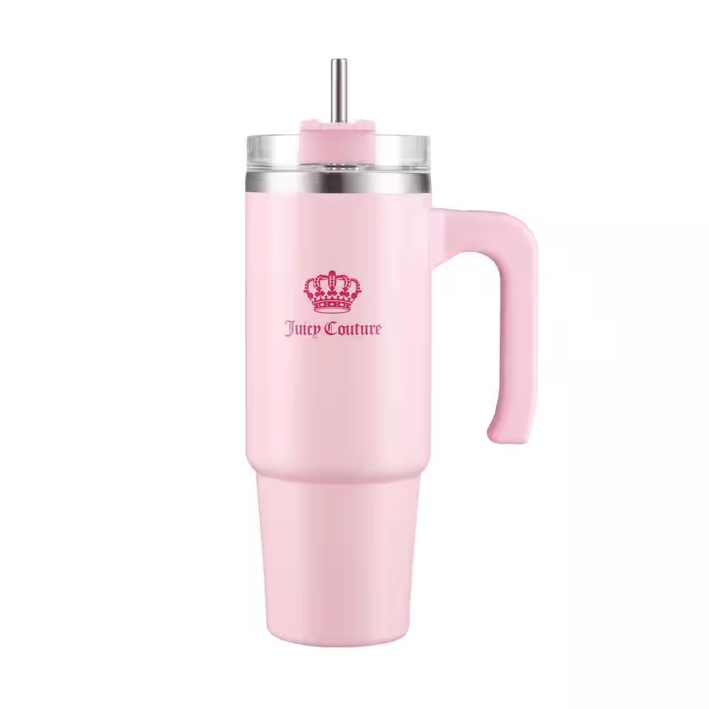 Juicy Travel Style 31.5 Oz. Pink Marshmallow Stainless Steel with Slide Lid and Straw Travel Mug