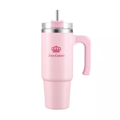 Juicy Travel Style 31.5 Oz. Pink Marshmallow Stainless Steel with Slide Lid and Straw Travel Mug