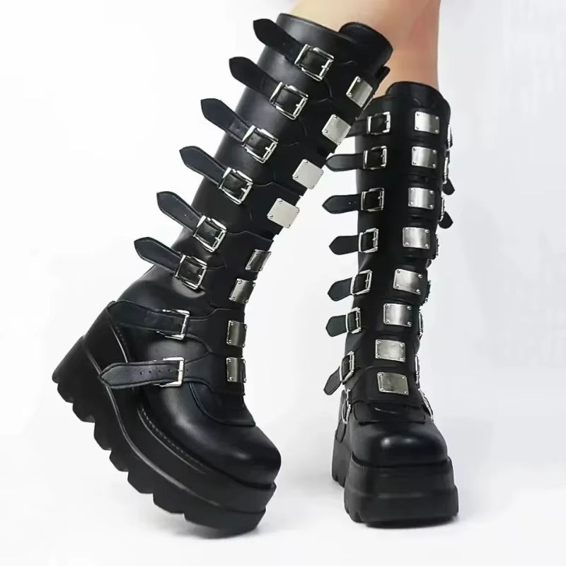 Long Boots for Women Gothic Shoes Platform Knee High Boots Punk Black Sexy Motorcycles Boots New Halloween Cosplay Women'S Shoes