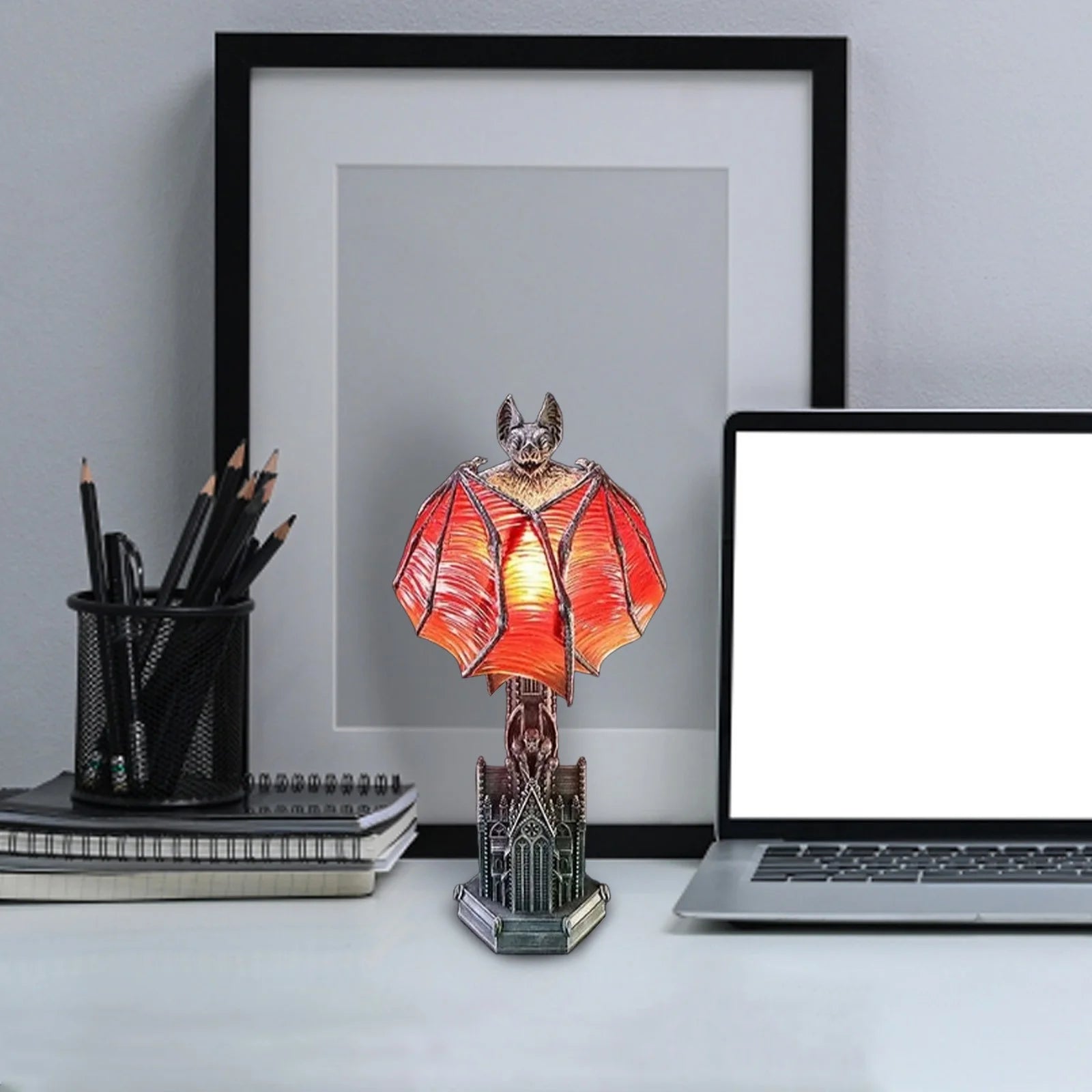 Gothic Wings of Night Halloween Bat Lamp, with Red Light Glow, Vampire Style Halloween Table Decorations