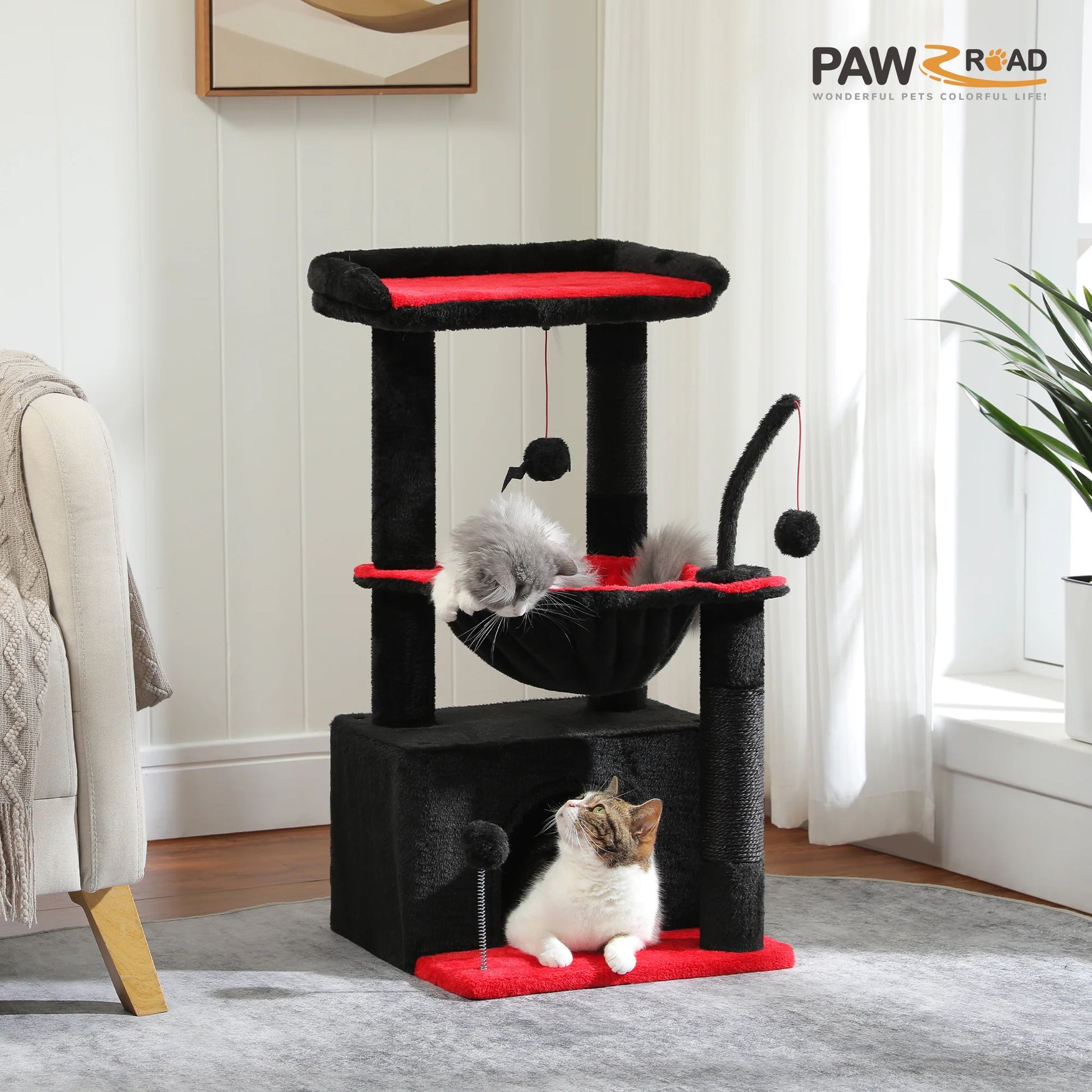 Cat Tree 33" Gothic Cat Scratching Posts Tower with Large Top Perch and Hammock for Medium Indoor Cats, Black