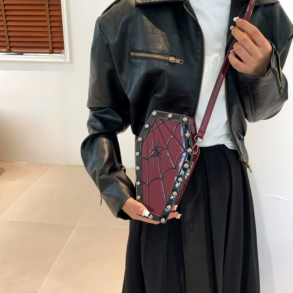 Women Gothic Crossbody Bag Coffin Shoulder Bag Purse Cartoon Spider Coffin Bag Y2K Messenger Phone Bag Halloween Sling Purse