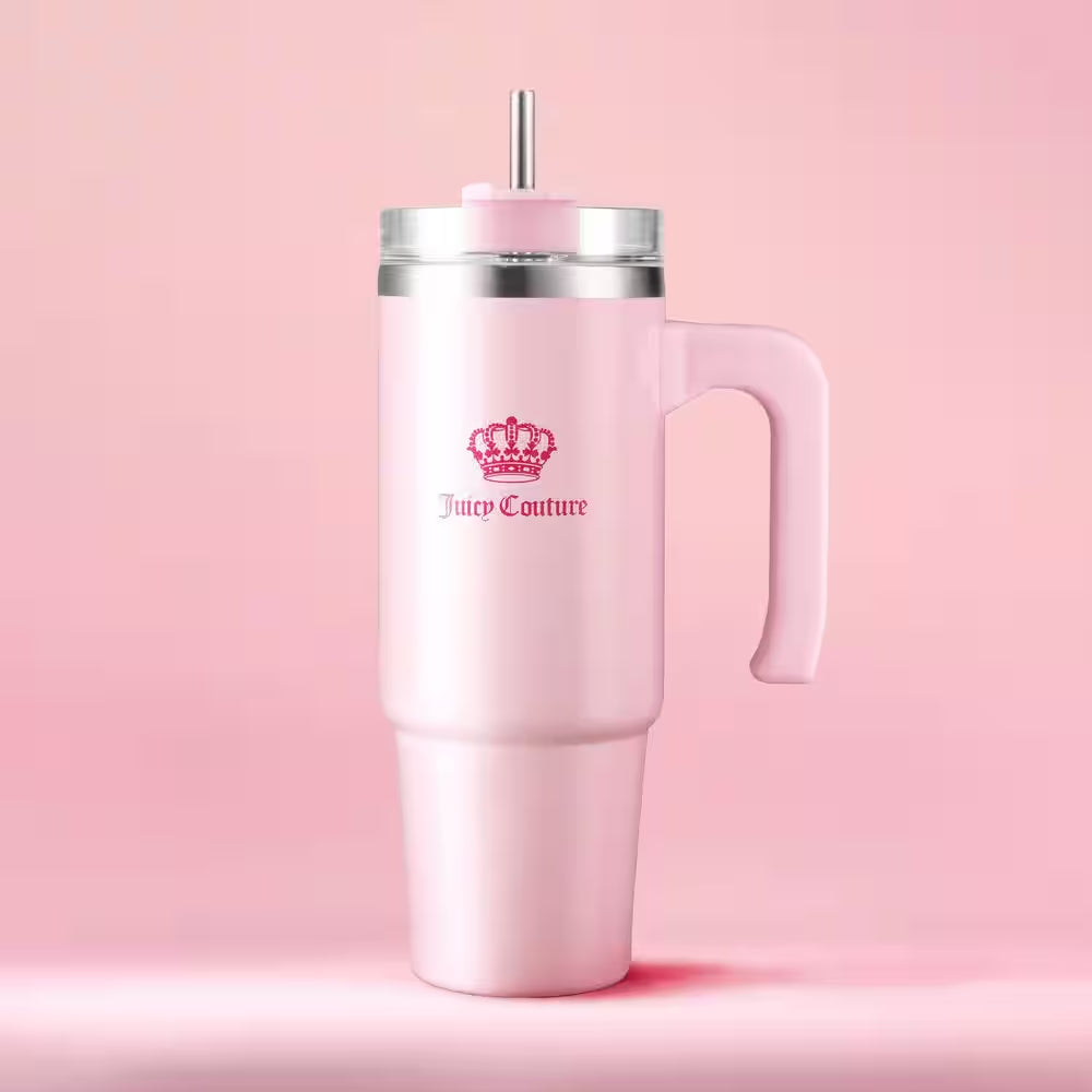 Juicy Travel Style 31.5 Oz. Pink Marshmallow Stainless Steel with Slide Lid and Straw Travel Mug