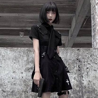 Goth Dress Punk Gothic Harajuku Summer Black Mini Dress Shirt Women Short Sleeve Emo Clothes Mall Goth Accessories