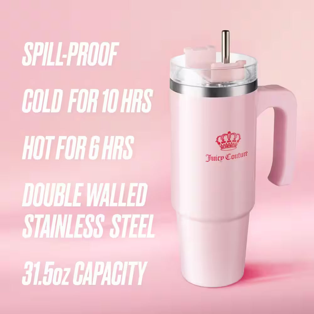 Juicy Travel Style 31.5 Oz. Pink Marshmallow Stainless Steel with Slide Lid and Straw Travel Mug