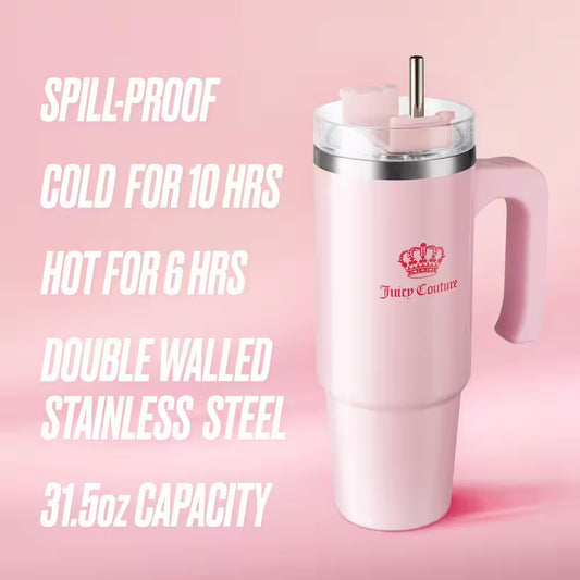 Juicy Travel Style 31.5 Oz. Pink Marshmallow Stainless Steel with Slide Lid and Straw Travel Mug