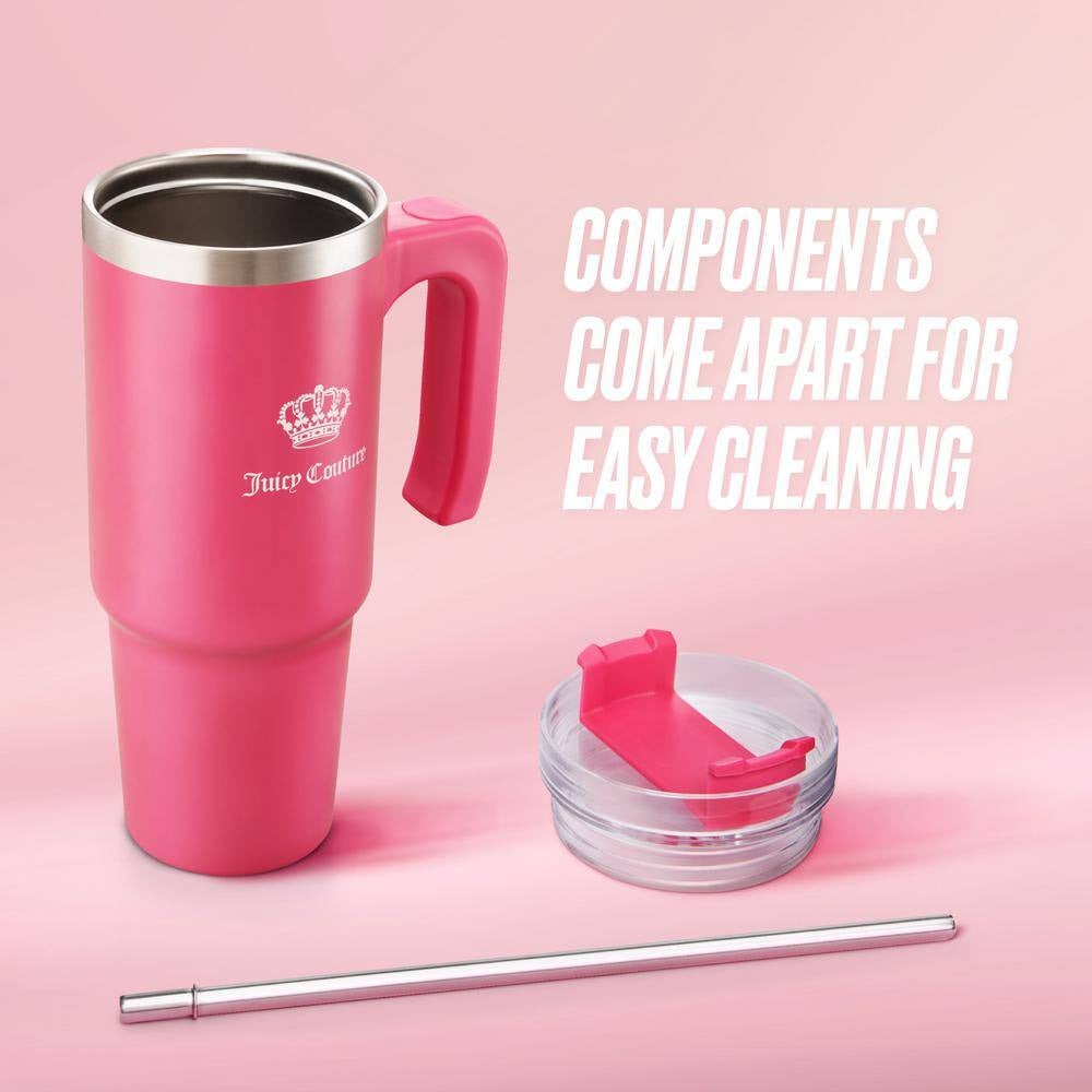Juicy Travel Style 31.5 Oz. Hot Pink Stainless Steel with Slide Lid & Straw Travel Mug