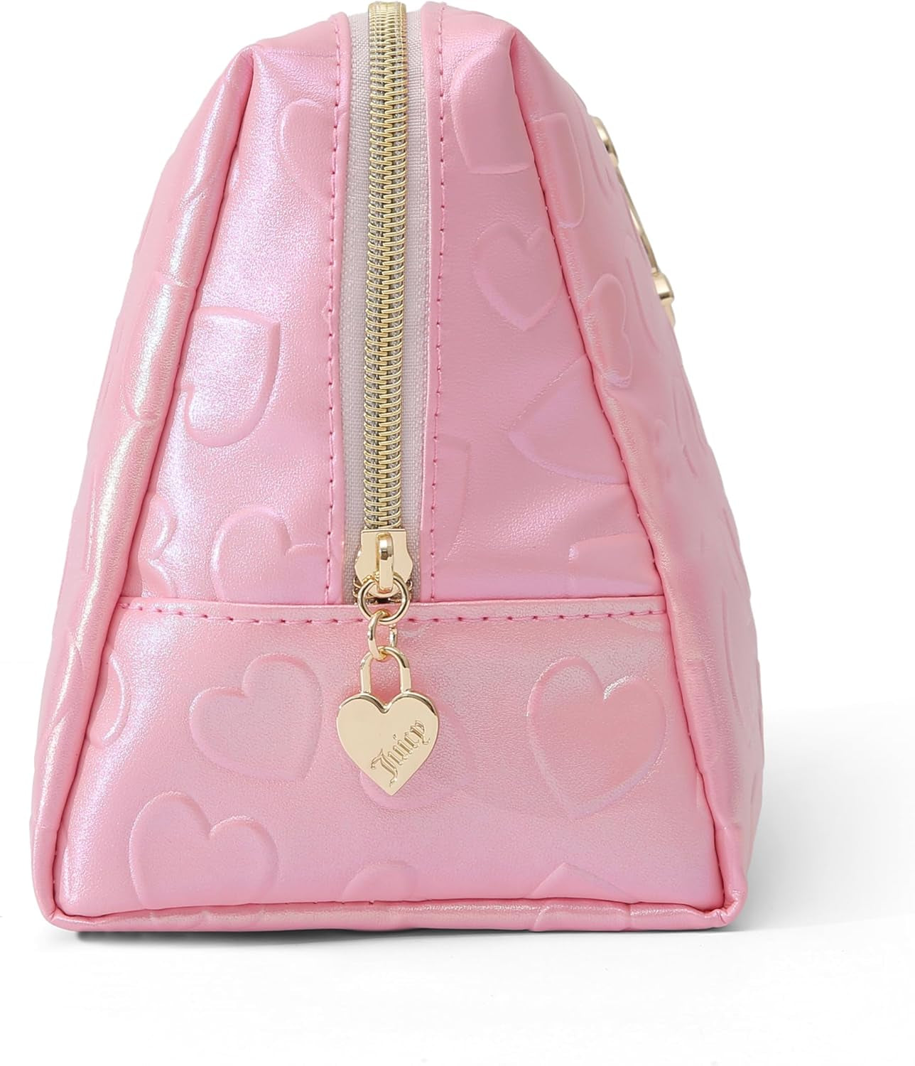 Pink Makeup Bag Cosmetics Organizer Travel Essentials Zip Top Wedge Faux Leather Heart